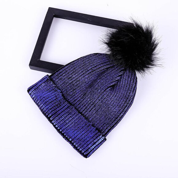 Deep Blue Purple Beanine metallic with pom pom - Picture 1 of 4